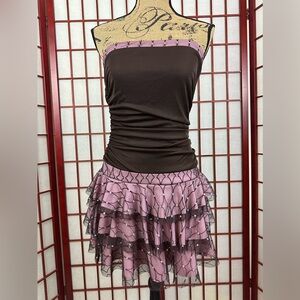 Y2K Scene Party Brown and Pink Ruffle Tiered Sparkle Strapless Mini Dress
